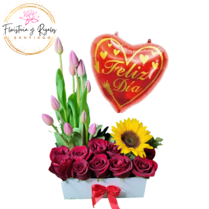 CAJA RECTANGULAR DE 10 ROSAS, 1 GIRASOL, 10 TULIPANES Y GLOBO