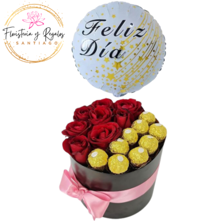 CAJA BOX 6 ROSAS, 8 BOMBONES Y GLOBO