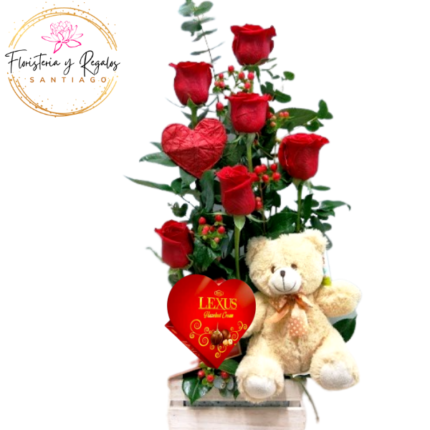 ARREGLO DE 6 ROSAS + PELUCHE DE 25 CM + BOMBNES LEXUS