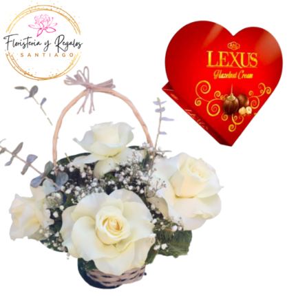 CESTA DE 4 ROSAS + BOMBONES LEXUS