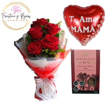 RAMO DE 5 ROSAS ECUATORIANAS Y BOMBONES DEL SUR + GLOBO